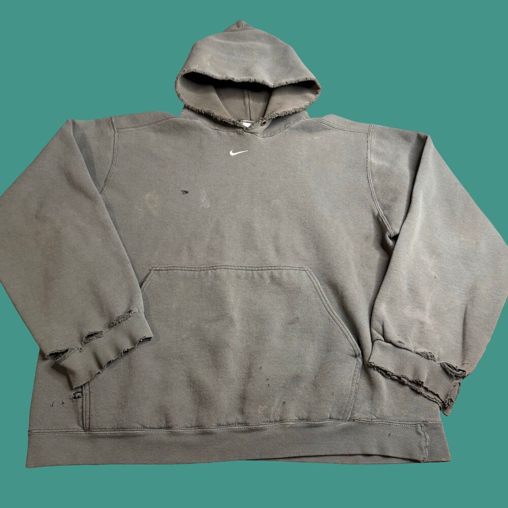 Vintage Nike Center Swoosh Hoodie Olive Green Large USA 90s Thrashed Distressed